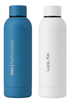 Two branded stainless-steel water bottles, one blue and one white.