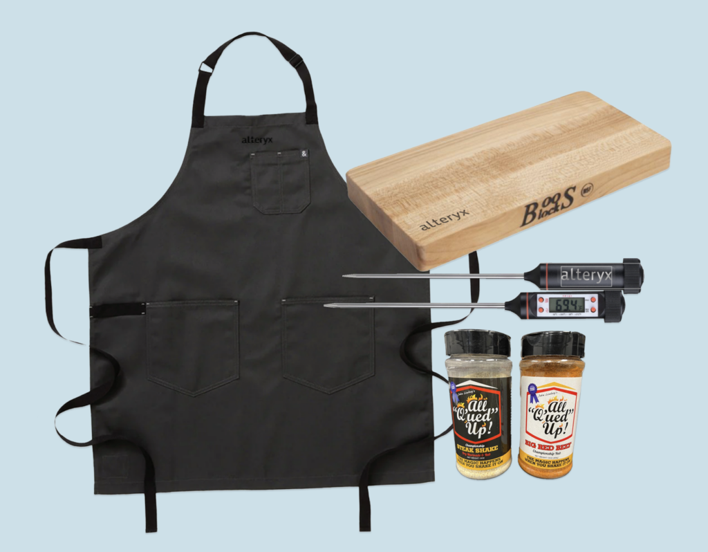 The branded complete barbecuing event kit participants received. Alteryx's BBQ Bites & Insights paired a virtual product demo of their new Alteryx One analytics platform with a hands-on barbecuing experience.